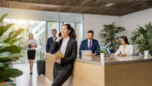 Office reception area with lady standing by reception desk at trademark law office